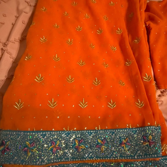 Orange Saree with Blue Border - Picture 4 of 5